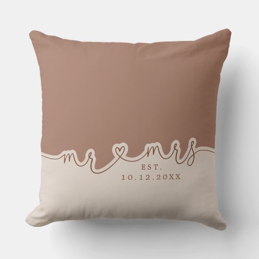 M. Mme Heart Script Mocha Beige Mariage Coussin (Recto)