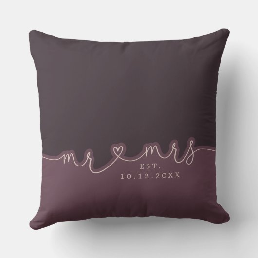 M. Mme Heart Script Muted Purple Mariage Coussin (Verso)