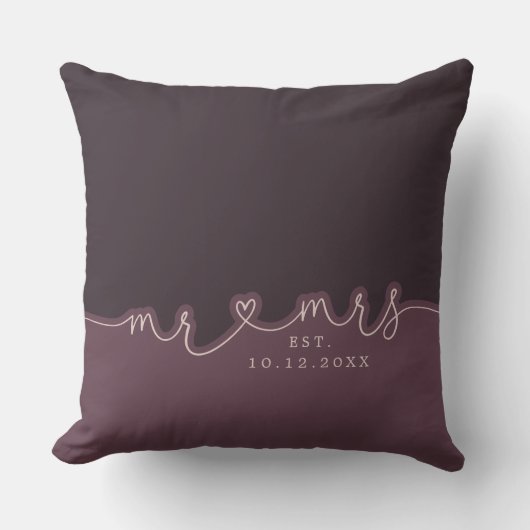 M. Mme Heart Script Muted Purple Mariage Coussin (Recto)