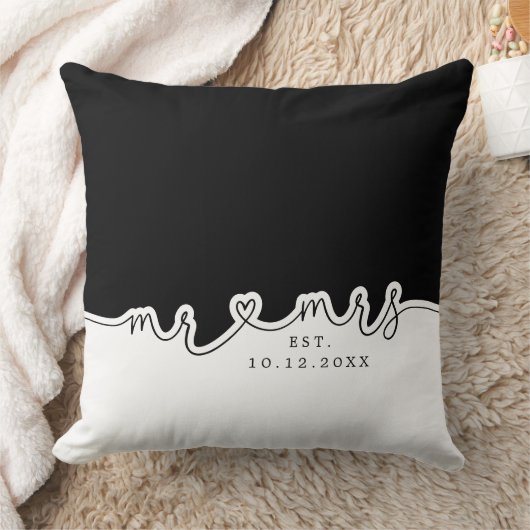 M. Mme Heart Script noir blanc Mariage Coussin (Couverture)