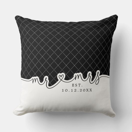 M. Mme Heart Script noir blanc Mariage Coussin (Recto)