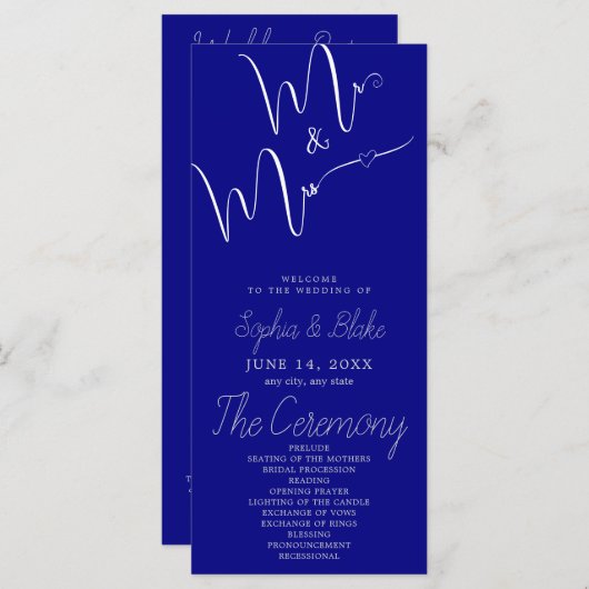 M. & Mme Minimalist Programme de mariage bleu de l (Devant / Derrière)