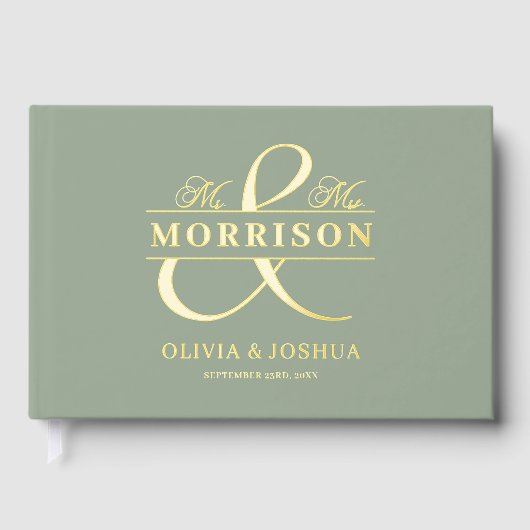 M. Mme. Photo Sage Vert Élégant Mariage Or (Recto)