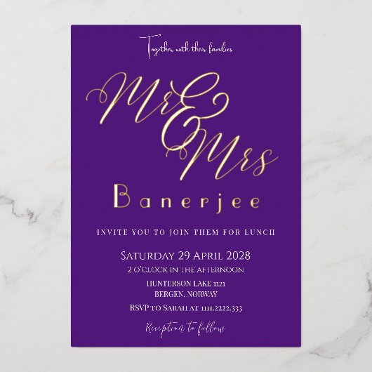 M. & Mme Royal Purple Mariage Foil Invitation (Recto)