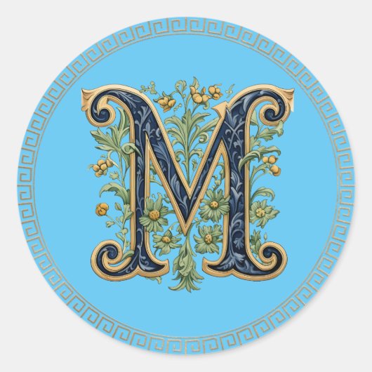 M monogram blauw-gouden bloem ronde sticker (Voorkant)