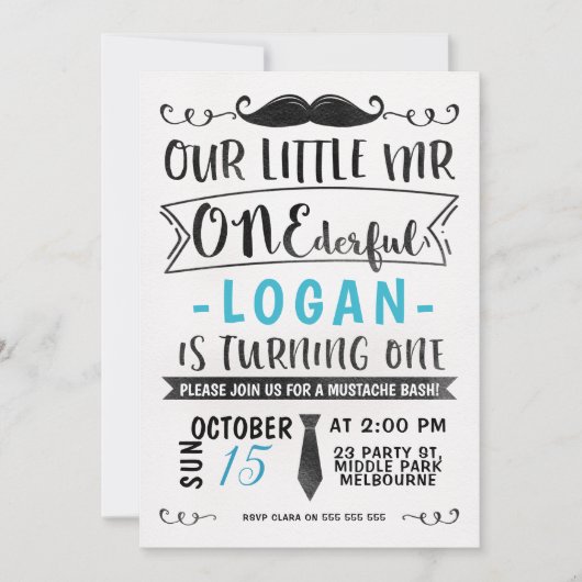 M. ONE-derful Birthday Invitation de noir bleu (Devant)