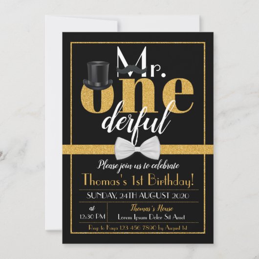 M. Onederful Birthday Invitation Black & Gold (Devant)