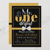 M. Onederful Birthday Invitation Black & Gold (Devant / Derrière)