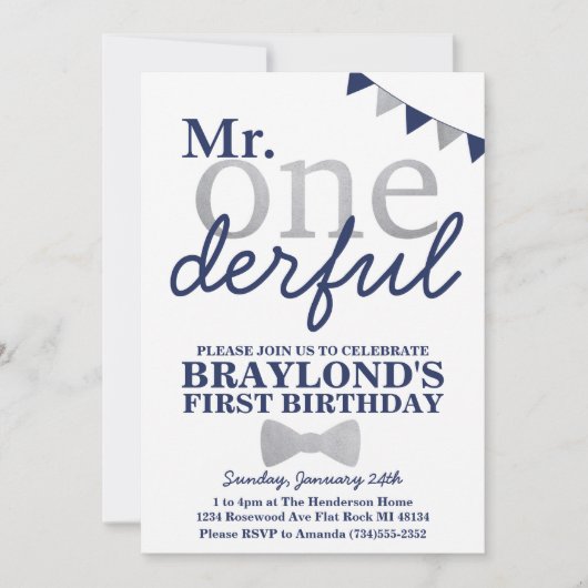 M. Onederful Birthday Invitation (marine et argent (Devant)