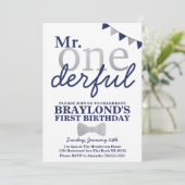 M. Onederful Birthday Invitation (marine et argent (Debout devant)