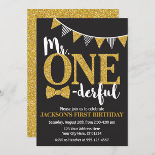M. ONEderful Birthday Invitation   Noir et or
