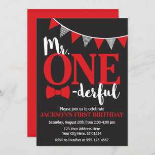 M. ONEderful Birthday Invitation   noir et rouge