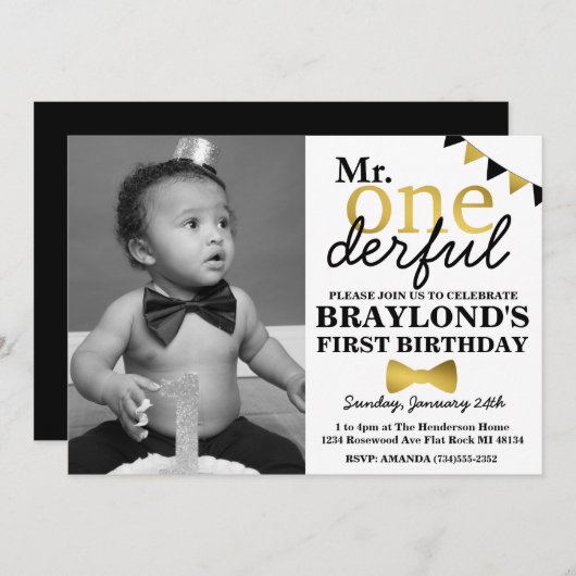 M. Onederful Black and Gold Invitation avec photo (Devant / Derrière)