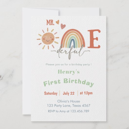 M. ONEderful Boy 1er Anniversaire Invitation (Devant)
