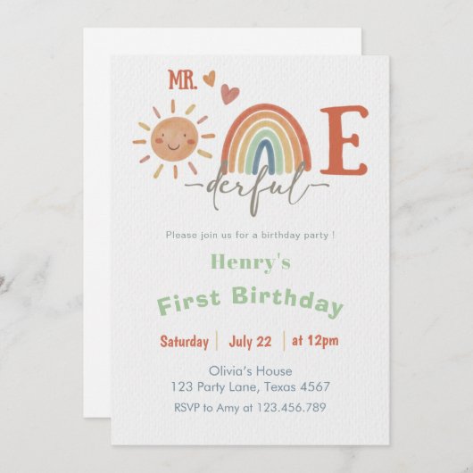 M. ONEderful Boy 1er Anniversaire Invitation (Devant / Derrière)