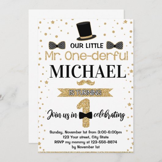 M. Onederful First Birthday Party Invitation 20-12 (Devant / Derrière)