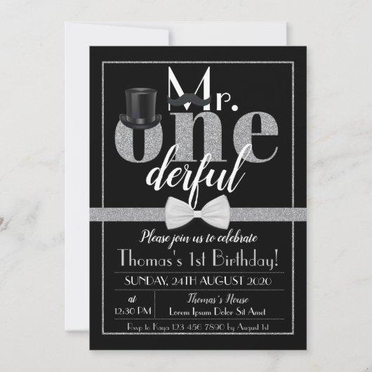 M. Onederful Invitation Anniversaire Noir & Blanc (Devant)