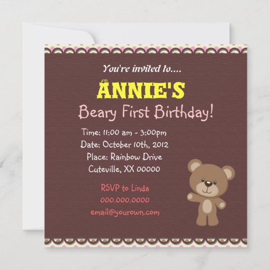 Ma première invitation d'anniversaire de Beary (Dos)