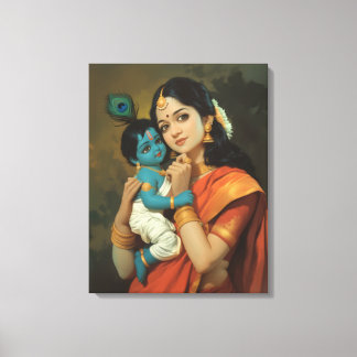 Maa Yashoda en Little Krishna Canvas Muurkunst Afdruk