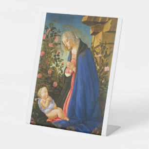 MAAGD AANBIDT SLAPEND CHRISTUSKIND RECLAMEBORD MET VOETSTUK