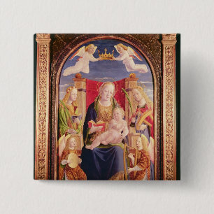 Maagd en kind met engel-musici en heiligen vierkante button 5,1 cm