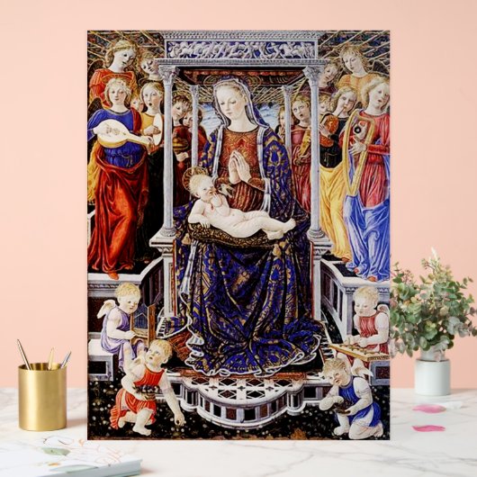 Maagd en kind op de troon met muziek maken engel acryl bord (Huwelijk)