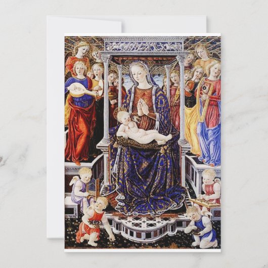 Maagd en kind op de troon met muziek maken engel kaart (Voorkant)