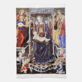 Maagd en kind op de troon met muziek maken engel theedoek (Verticaal)