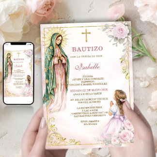 Maagd Guadalupe Doop Meisje Roze Rozen Goud Kaart
