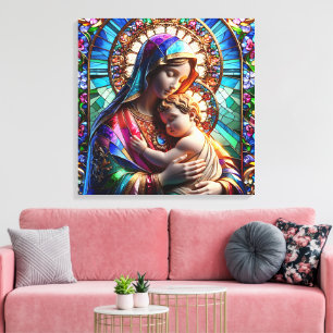 Maagd Maria en Baby Jezus Glas in lood Canvas Afdruk