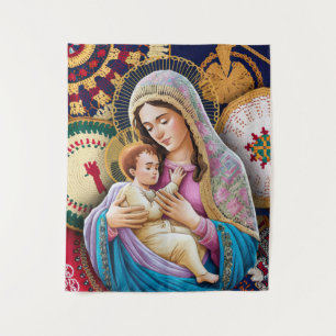 Maagd Maria en Baby Jezus in geborduurd textiel Wandkleed