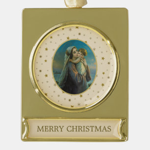 Maagd Maria en Baby Jezus op sterrenachtergrond Verguld Banner Ornament