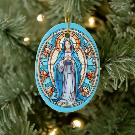 Maagd Maria in blauw Glas in lood Kerst Keramisch Ornament (Boom)