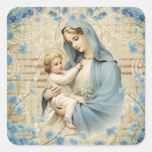 Maagd Maria Jesus Lam Blauw Bloemen Vierkante Sticker