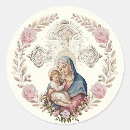 Maagd Maria Jesus  Roze Rozen Katholiek Ronde Sticker (Voorkant)