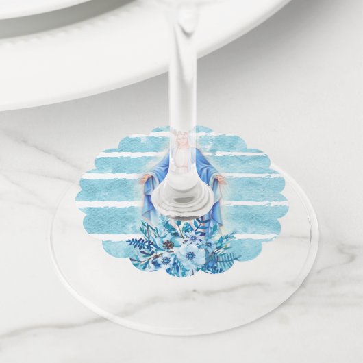 Maagd Maria Lady of Grace Blauwe Bloemen Waterverf Wijnglaslabel (Dichtbij)