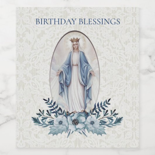 Maagd Maria Lady van Grace Blauw Bloemen Kant Wijn Etiket (Enkel label)