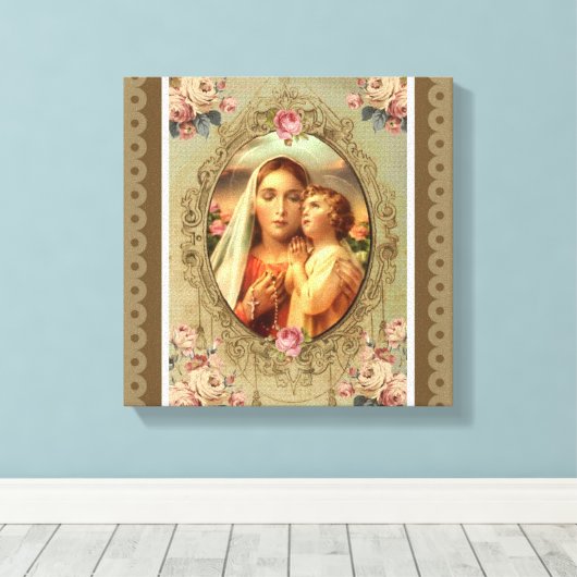 Maagd Maria Madonna Kind Jezus Rozen Rozenkrans Canvas Afdruk (Insitu (Houten vloer))