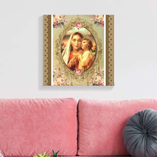Maagd Maria Madonna Kind Jezus Rozen Rozenkrans Canvas Afdruk (Insitu (Woonkamer))