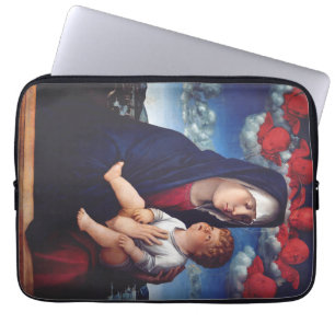Maagd Maria met Baby Jesus en rode cherubs Laptop Sleeve