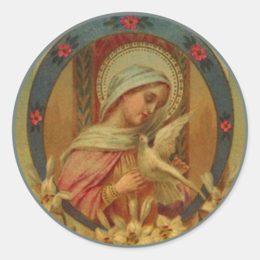 Maagd Maria met duiven, lelie & rozen Ronde Sticker (Voorkant)