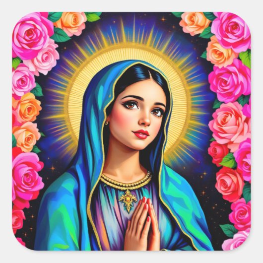 Maagd Maria met Gebedshanden & Rozen Groot Vierkante Sticker (Voorkant)