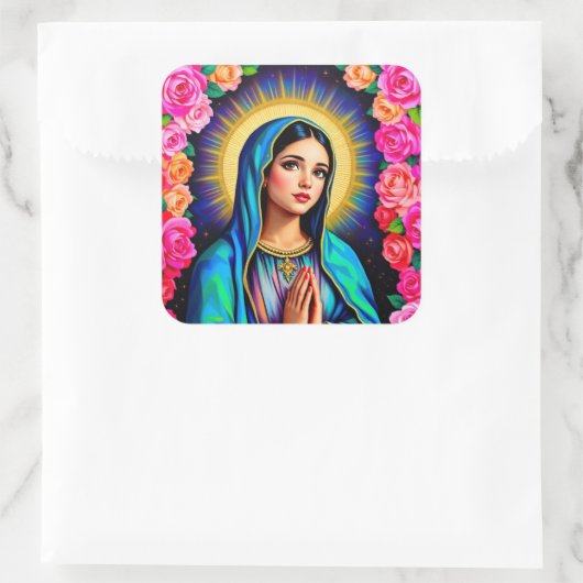 Maagd Maria met Gebedshanden & Rozen Groot Vierkante Sticker (Tas)