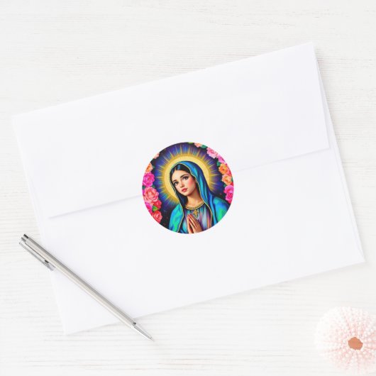 Maagd Maria met Gebedshanden & Rozen Ronde Sticker (Envelop)