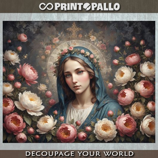 Maagd Maria met halo en bloemen Tissuepapier