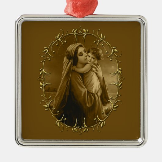 Maagd Maria met Kind Jezus, Gouden Grens Ontwerp Metalen Ornament (Voorkant)