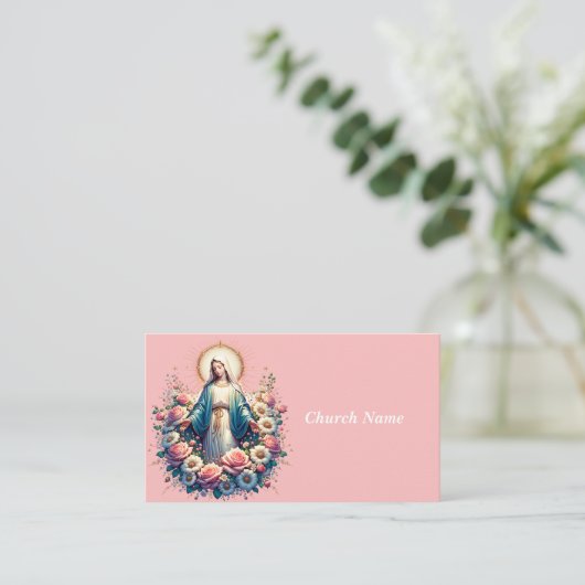 Maagd Maria met mooie Rozen (roze) Visitekaartje (Staand voorkant)