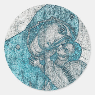Maagd Mary en Baby Jesus Christus Blue Ronde Sticker