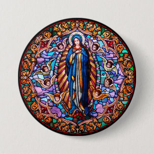 Maagd Mary in Blue Robe Replica Glas in lood Ronde Button 7,6 Cm