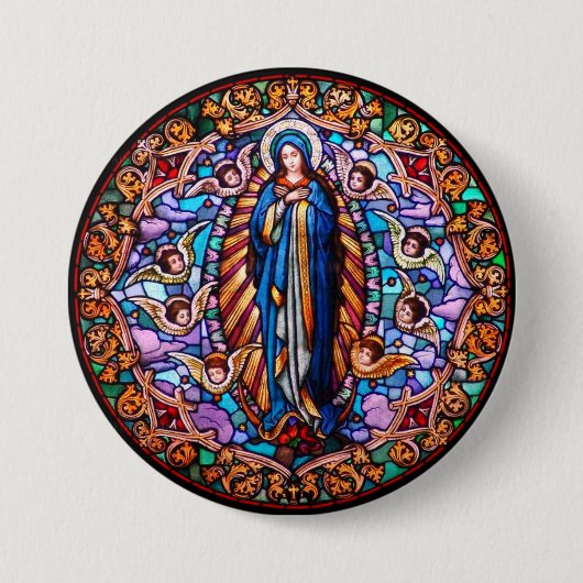 Maagd Mary in Blue Robe Replica Glas in lood Ronde Button 7,6 Cm (Voorkant)